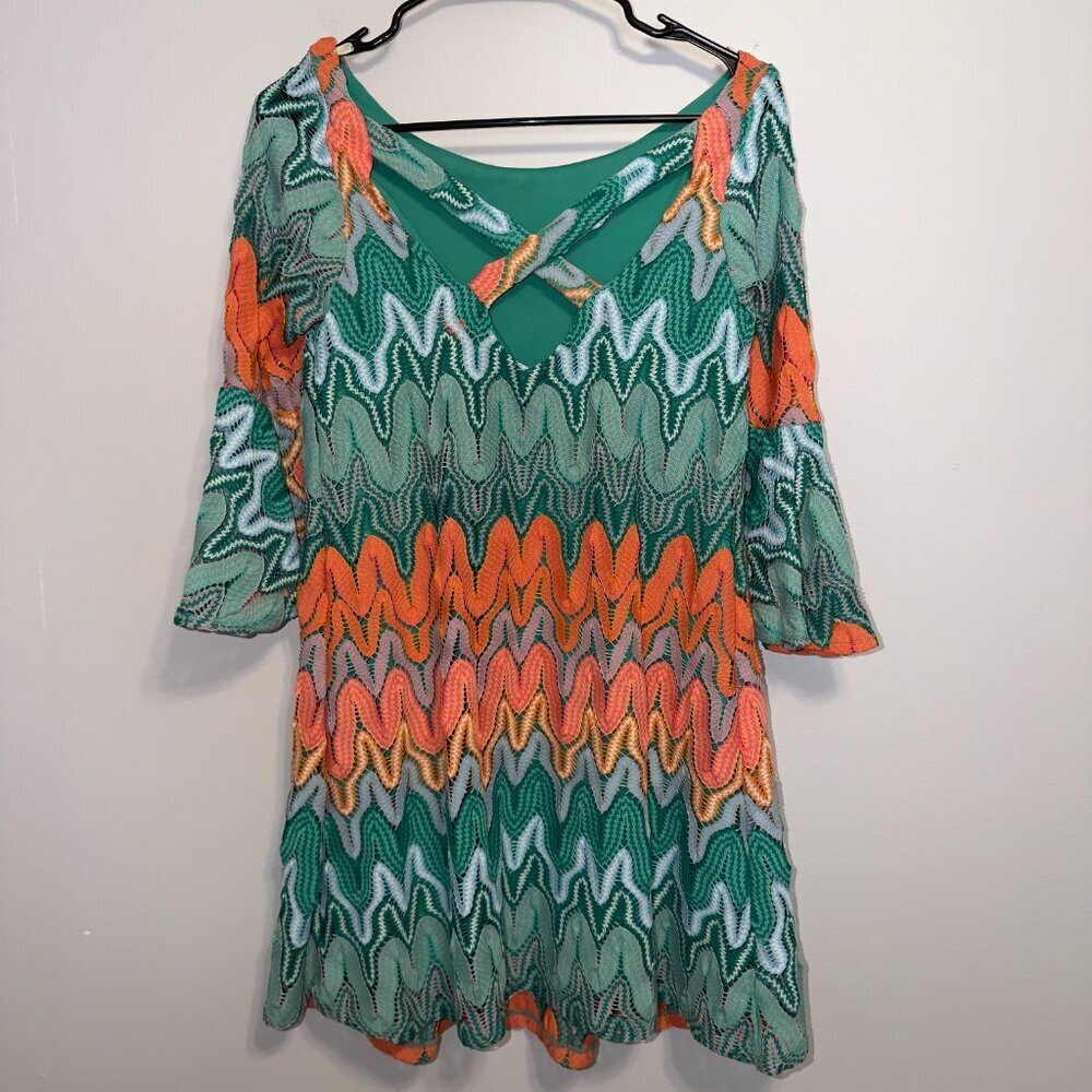 Judith March Size S Retro Chevron Print Dress Bell Sleeve Mini - Picture 7 of 7